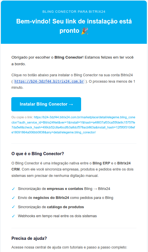 E-mail com link de instalação
