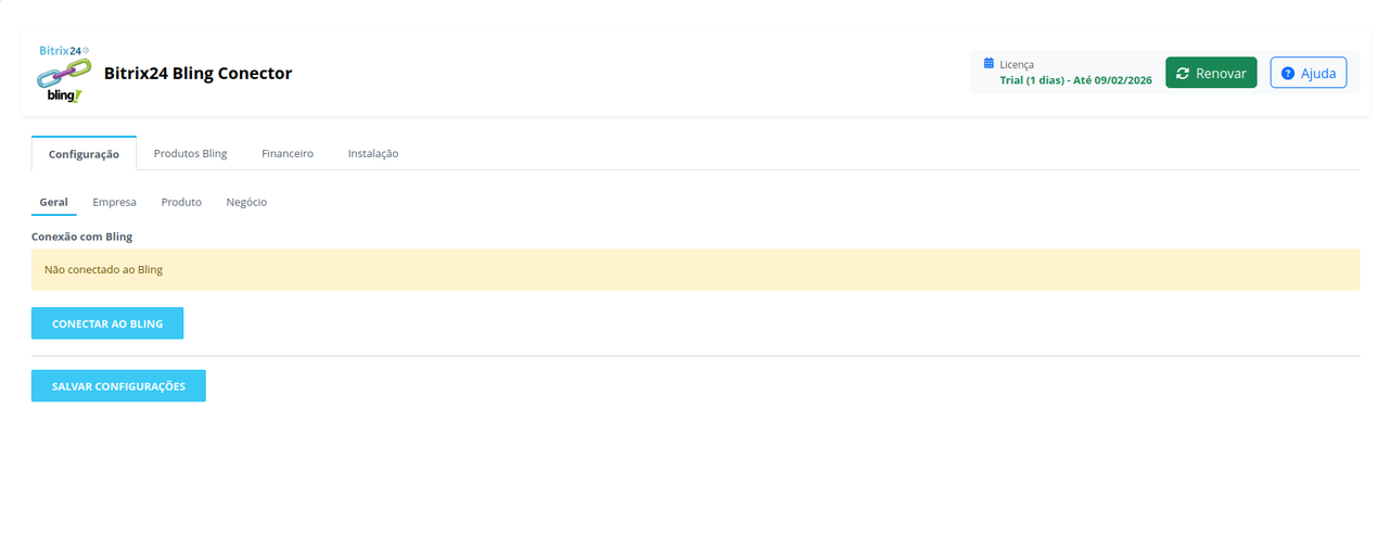 Tela de configuração - não conectado