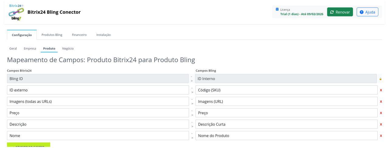 Tela de mapeamento de produtos