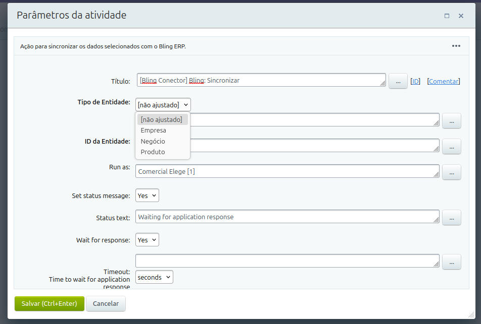 Seleção do tipo de entidade